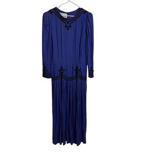 Vtg Sarah Elizabeth Sapphire Blue Long Dress Black Cord Detail Button Back Sz 12